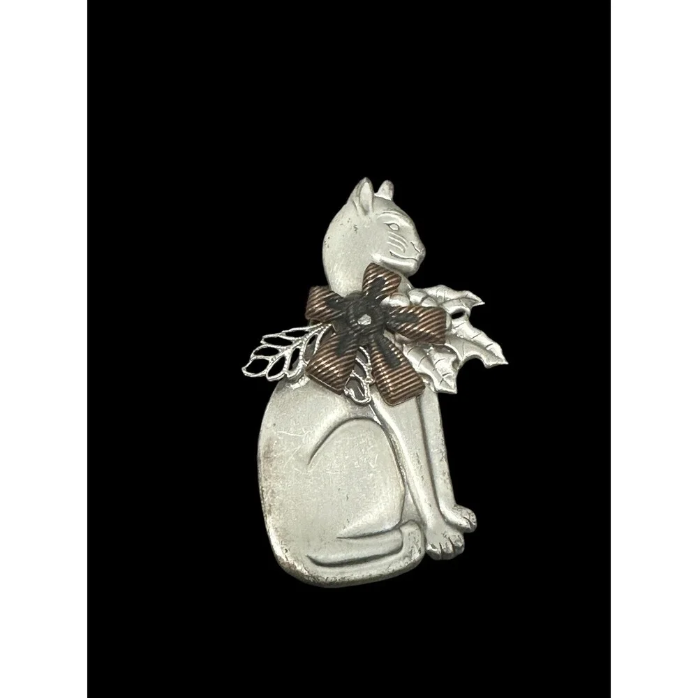 Vintage  Feline Brooch Pin Silver & Copper Tone  Christmas Holly